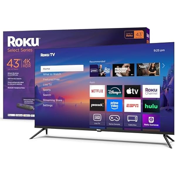 Roku Smart TV 2025 – 43-Inch Select Series, 4K HDR TV – RokuTV with Enhanced Voice Remote – Flat Screen LED Television with Wi-Fi for Streaming Live Local News, Sports, Family Entertainment