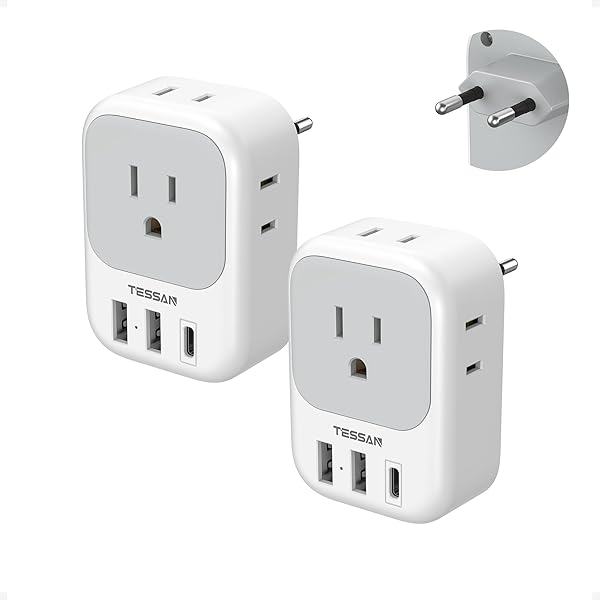 2 Pack European Plug Adapter USB C, TESSAN US to Europe Adapter 4 Outlets 3 USB Charger, Type C International Power Adaptor to Italy Spain France Portugal Iceland Germany, Europe Travel Essentials