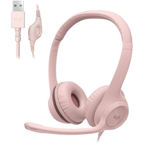 Logitech H390 Gaming Headphones, Wired Headphones with Mic, USB Headset with Microphone for PC, Noise Cancelling Microphone for Video Meetings, Music, Gaming - Rose