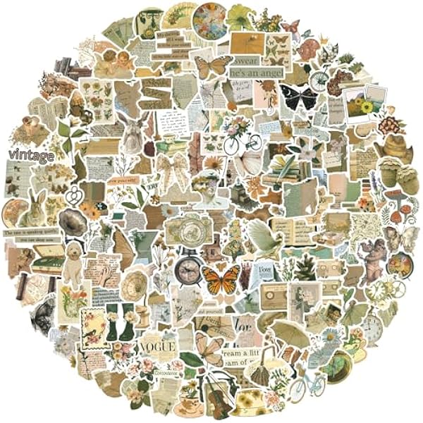 200pcs Vintage Stickers, Scrapbook Aesthetic Sticker Pack for Adults, Waterproof Retro Design Vinyl Decals for Water Bottle, Laptop, Journal, Luggage