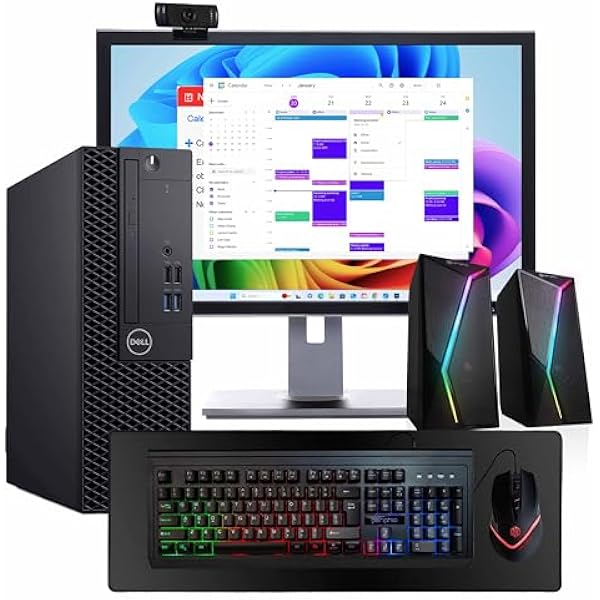 Dell OptiPlex 3060 Desktop | Intel i5 8th Gen | 16GB RAM | 500GB SSD | Win 11 Pro | 24" New LCD | RGB Keyboard + Mouse | RGB Speakers | 2K Webcam | Deskpad | Home & Office PC (Renewed)